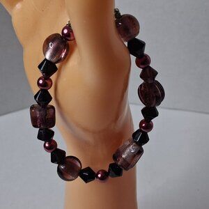 Vintage Purple Foil Art Glass Bead Bracelet Black Faceted Boho Toggle Clasp
